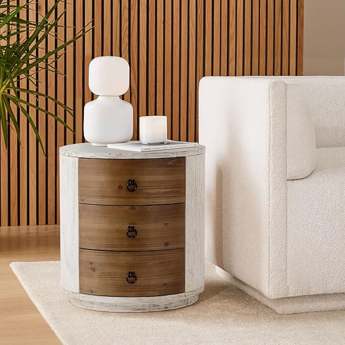 COSIEST Bedside Table Set of 2, Wood Nightstand 3 Drawers, Farmhouse Round End Table with 3 Drawers, Dresser with Drawers for Bedroom, Living Room