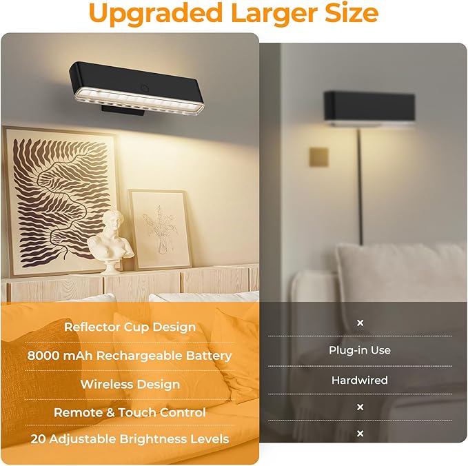MOITA Magnetic Wireless Battery Operated Wall Sconce, Rechargeable Remote Control & Touch Control Wall Sconce, LED Wall Light for Bedroom, 3 Color Temperatures, 360° Rotatable (Black, 1-Pack)