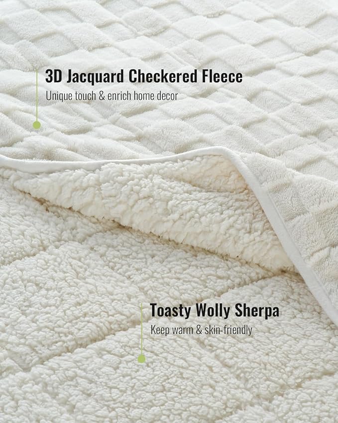 Uttermara Weighted Blankets for Adults Full Size(15lbs, 48" x 72", Cream White), 3D Jacquard Checkered Warm Sherpa Heavy Blanket, Soft Fuzzy Weighted Blankets for Couch Bed Sofa