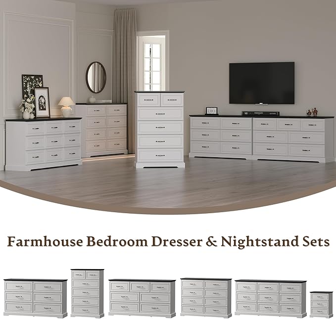 Farmhouse 9 Drawers Dresser for Bedroom, 63" Wide Modern Chest of Drawers with Deep Drawers & Bar Handles, Rustic Wood Dresser TV Stand, Wooden Closet Storage Organizer for Living Room, Hallway, White