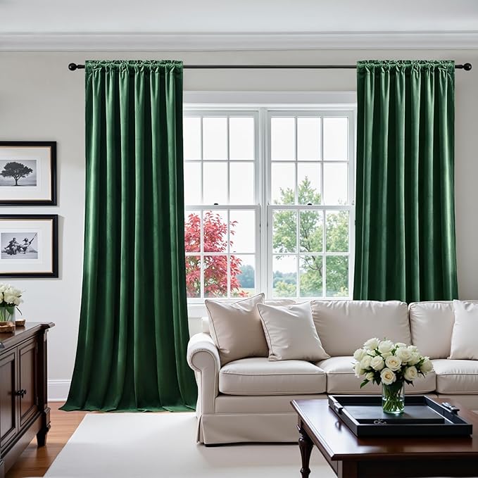 Velvet Curtains 108 Inches Long for Bedroom, Luxury Room Darkening Thermal Insulated Blackout Curtains Luxury Window Drapes for Living Room, Back Tab Rod Pocket, Dark Green, W52 x L108, 2 Panels