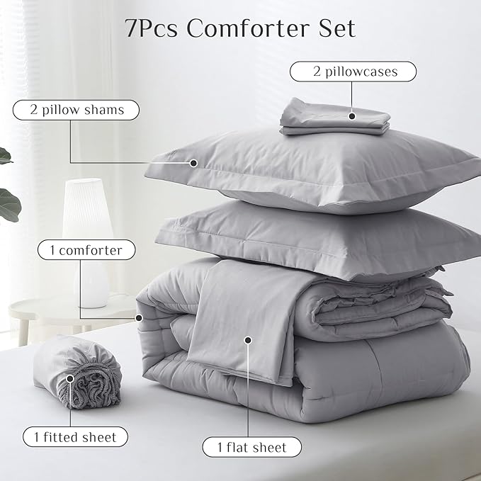 JOLLYVOGUE California King Comforter Set, Ultra-Soft Bed in a Bag Cal King Size 7 Pieces, Oeko-TEX Certified Bedding Set with Down Alternative Comforter, Sheets, Pillowcases & Shams, Light Grey