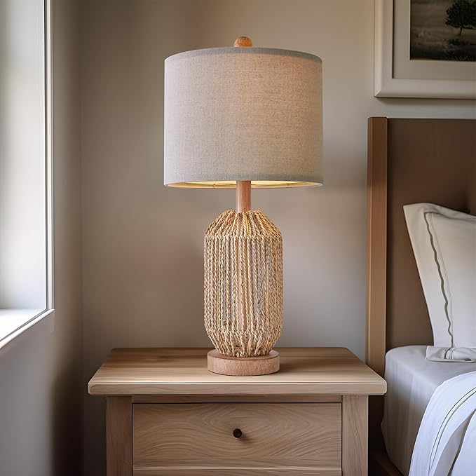 OYEARS 21" Boho Table Lamp for Living Room, Bedside Lamp for Nightstands, Rattan Lamp for Bedroom, Farmhouse Table Lamp for Room Decor, End Table, Retro, Brown, 1 Pack
