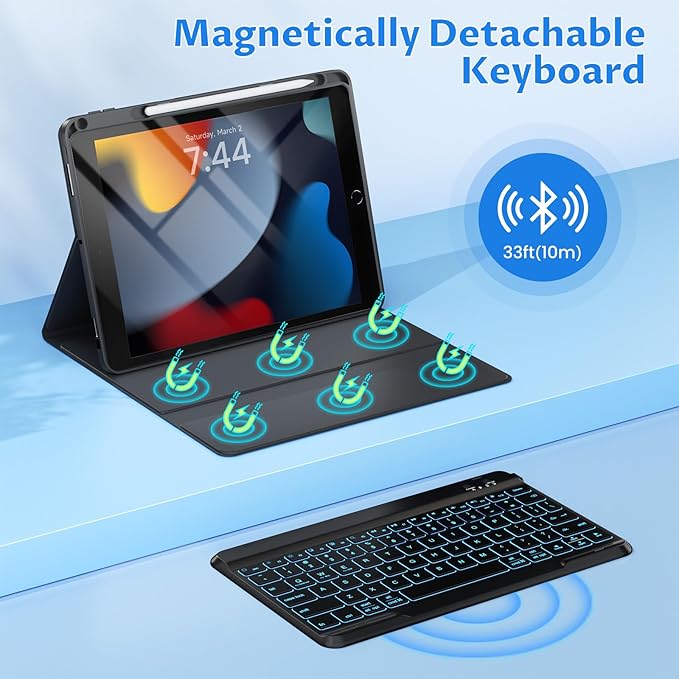 OYEEICE for iPad 9th Generation Case with Keyboard - Detachable Backlit Keyboard - Rotatable Cover with Pencil Holder for iPad 9th/8th/7th Gen, iPad Air 3rd Gen & iPad Pro 10.5" - Black
