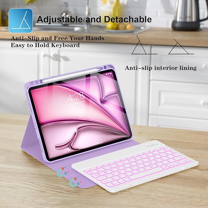 Supveco Keyboard Case for iPad Air 11 Inch (M3 2025,M2 2024),iPad Air 5th/4th Generation with Pencil Holder-7 Colors Backlit Wireless Detachable Folio Keyboard Cover with Soft TPU Back-Lilac