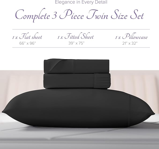 Carressa Linen 100% Egyptian Cotton Twin Sheets Set - 600 Thread Count Egyptian Cotton Luxury Twin Sheets (3 PC, Black), 16" Deep Pocket, Soft, Cooling, Sateen Weave College Dorm Room Bedding