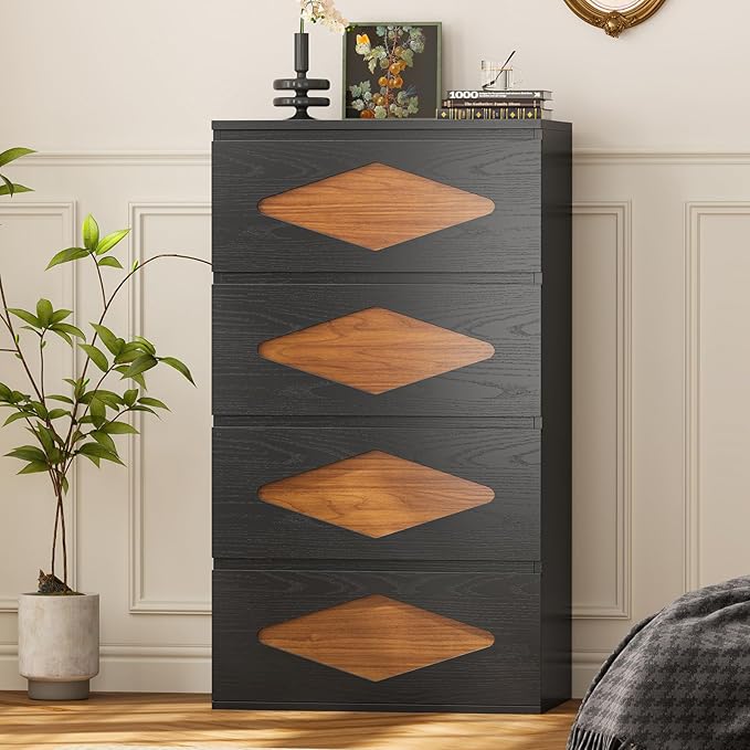 48.3'' Tall Dresser for Bedroom, 4 Chest of Wooden Deep Drawers, Vintage Dresser, Closet Storage Dressers Organizer for Bedroom, Living Room, Hallway (Black+Brown)