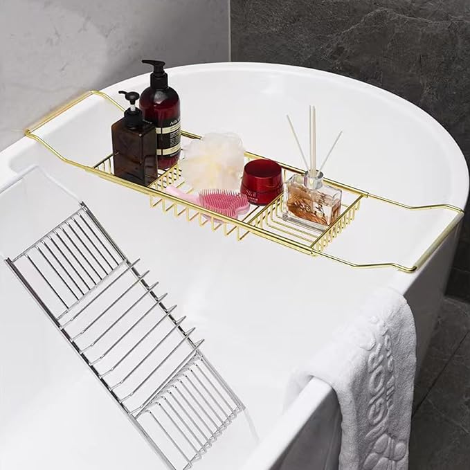 Stainless Steel Expandable Shower Bathtub Tray Over Tub Bath Caddy Expandable Bath Caddy for The Elegant Tub Chrome Polished (Silver)