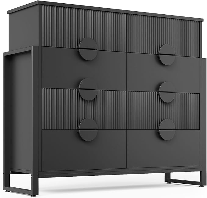 LGHM Fluted Dresser for Bedroom with 8 Drawers, Modern 8 Drawers Dressers with Semi-Cylindrical, Chest of Drawers Closet Organizers and Storage Clothes, 43" Tall Dresser with Bold Steel Frame, Black