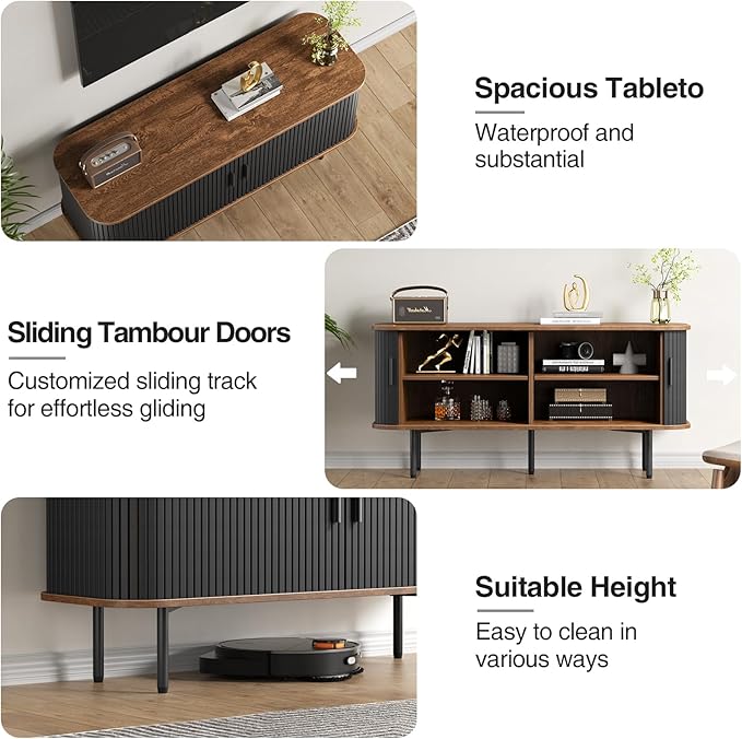 55''W Black Cabinet with Storage, Media Console, Tambour TV Stand, Television Stands with Curvy Edge; Sliding Door, Fluted Cabinet, Buffet Sideboard, Credenza, Table Stand for Living Room, Kitchen