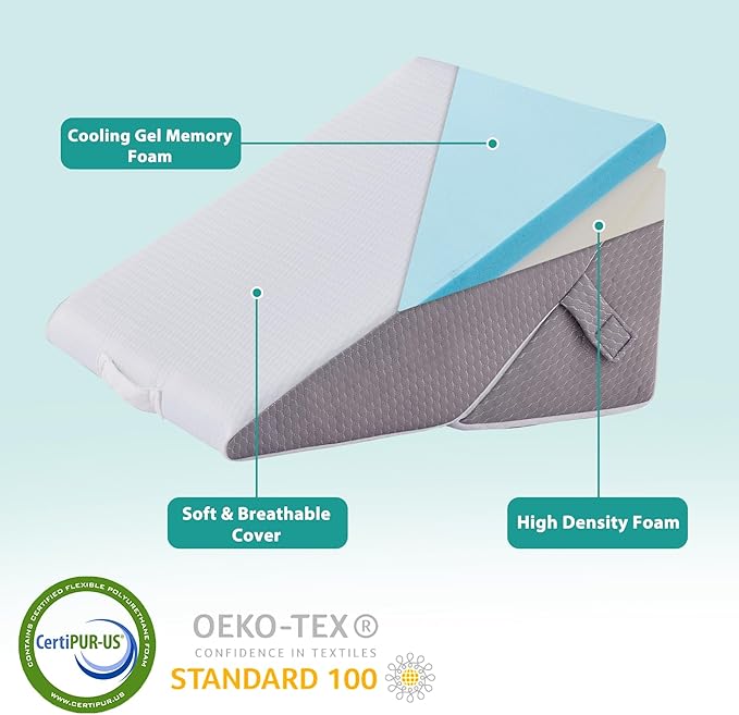 Bedluxe Wedge Pillow for Sleeping, Adjustable 9&12 Inch Foldable Bed Wedge Pillow Set, Orthopedic Memory Foam Triangle Pillows Wedge, 7-in-1 Elevated Pillows for Leg and Back Support, White/Grey