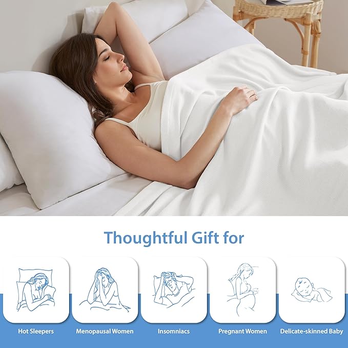 Twin Size Blanket, 70% Rayon (Derived from Bamboo) and 30% Cotton, Lightweight Jacquard Weave, Breathable and Soft Summer Blanket for Bed or Couch, 66” x 90”, White