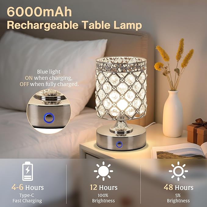 TOBUSA 6000mAh Crystal Battery Operated Lamp, Silver Modern Cordless Table Lamp Rechargeable, Portable Bedside Touch Small Desk Lamp 3000K-4500K-6000K, Stepless Dimmable Wireless LED Night Light