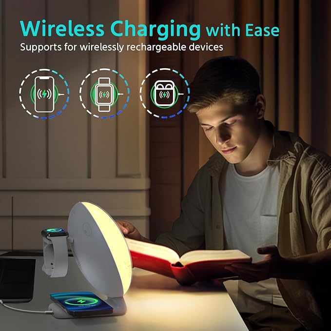MOMILLA Sunrise Alarm Clock, 3 in 1 Wireless Charging Station, Smart App Control White Noise Sound Machine, Wake up Light, Sunset Night Light Alarm Clocks for Heavy Sleepers Kids