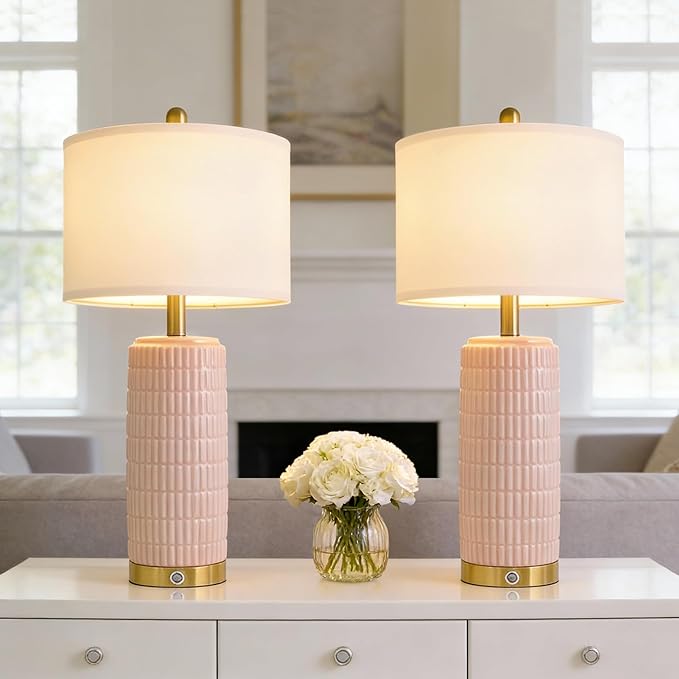 PoKat 25'' Table Lamps Set of 2 for Bedroom with 3-Way Dimmable Touch Control, Bedside Lamps with USB A+C Ports for Living Room, Modern Ceramic Pink Lamps for Kids Girls Decor (2 Bulbs Included)