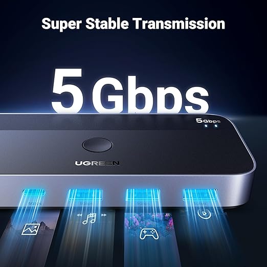 UGREEN USB 3.0 Switch 2 Computers Sharing USB C & A Devices, 4 Port USB Switcher Sharing Keyboard and Mouse, Printer/Scanner USB Switch Hub for Two Computers with 2 USB3.0 Cables and Controller