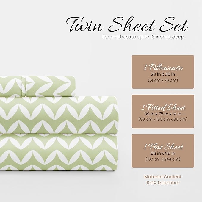 Linen Market Double-Brushed Patterned Microfiber Twin Sheet Set 3 Piece – Oeko-TEX Certified Ultra Soft & Wrinkle-Free - 16" Deep Pocket Sheets - Easy Care Twin Size - Puffed Chevron Sage
