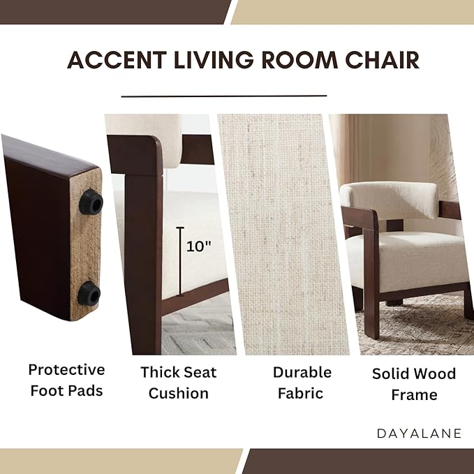Beige Barrel Accent Chair, Cozy Upholstered Linen Living Room Chair for Bedroom, Walnut Wood Frame, Vintage Modern Lounge Reading Chair for Apartment Waiting Room Office,1 PCS, Beige