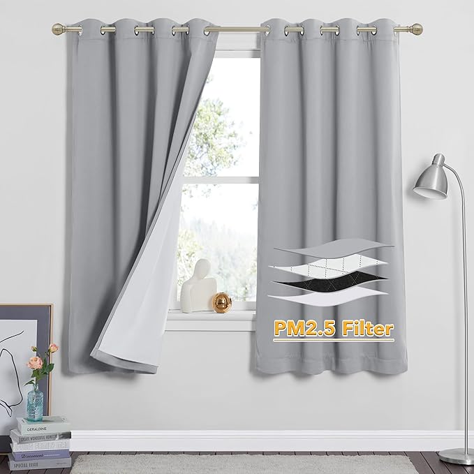 RYB HOME Soundproof & Dust Particle Filtering Curtains 100% Blackout Thermal Insulated Window Treatment Air Filter Drapes for Bedroom Living Room Kids Nursery, Silver Grey, W52 x L63 inch, 2 Panels