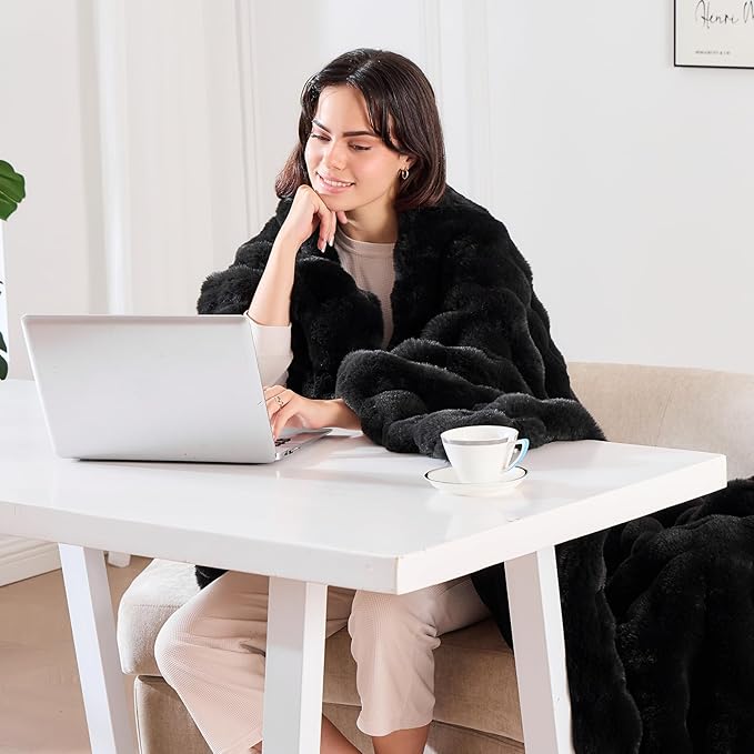 Fluffy Plush Faux Rabbit Fur Throw Blanket - Cozy, Fuzzy Bubble Blanket with Thick, Warm Decorative Fabric for Bed, Sofa (Queen Size 90''x90'', Black)