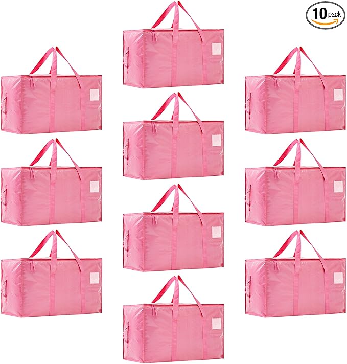 Moving Bags Heavy Duty Extra Large, Moving Boxes, Moving Supplies Essentials,Storage Bins with Lids, Plastic Packing Totes, Storage Bags for Clothes with Handles & Zippers(Pink, 10 Pack)