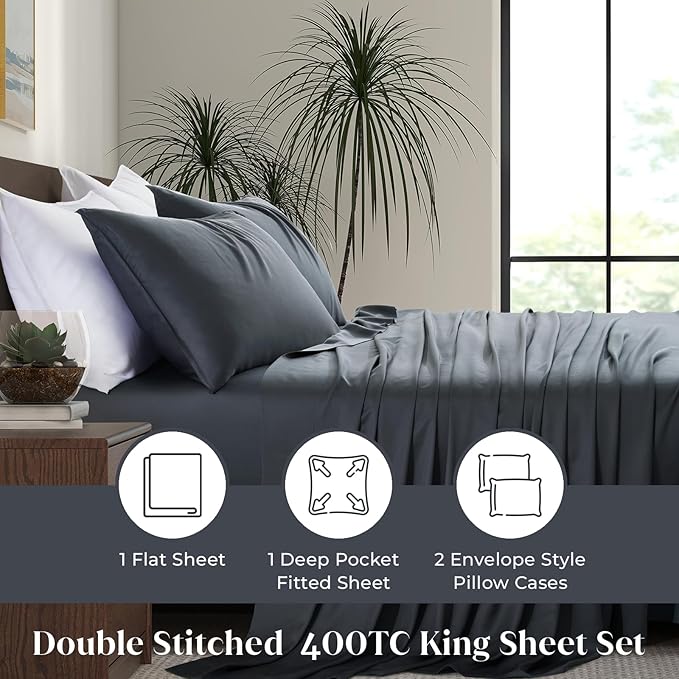 Luxury Bamboo Market | King Size Bed Sheet Set | 100% Viscose Made from Bamboo | Organically Grown | Ultra Soft | Cooling Sheets for Hot Sleepers | 17" Deep Pocket [Charcoal Grey]