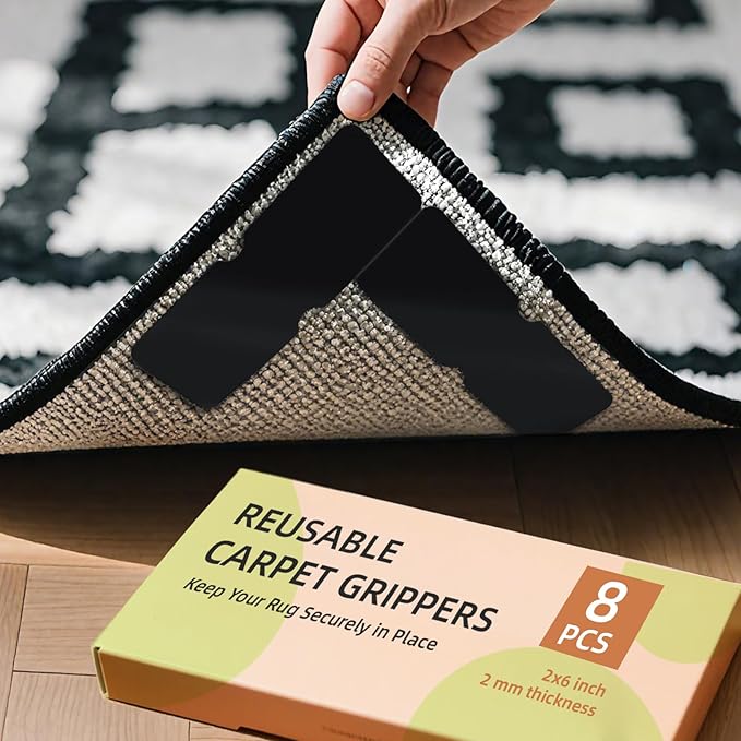 Rug Carpet Non Slip Grippers 8PCS, Reusable Double Sided Rug Pads Corner Gripper Tape for Area Rugs on Hardwood Floors, Strong Adhesive No Damage Removable Carpet Stickers