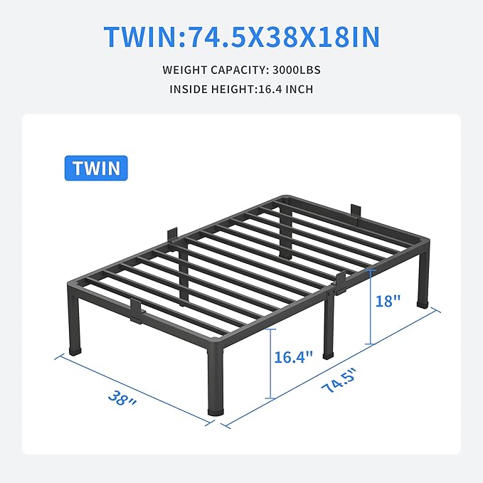 MAF 18 Inch Twin Bed Frames with Round Corner Legs Mattress Slide Stopper No Box Spring Needed Heavy Duty Metal Platform Bed Frame Under-Bed Storage Space, 3000 LBS Steel Slats Support