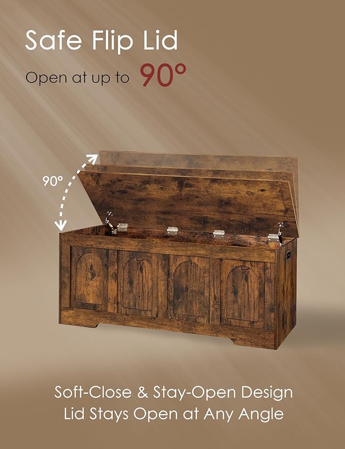 DINZI LVJ Storage Chest, 47.2”Wooden Storage Box with 2 Safety Hinges, Entryway Shoe Bench with Flip-Top, Large Trunk for Living Room, Bedroom, Easy Assembly, Rustic Brown
