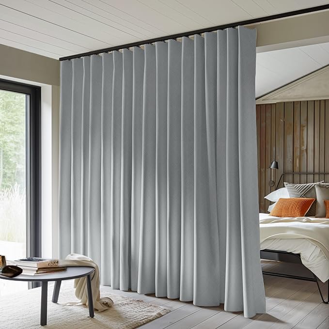 Room Divider Curtains Total Blackout Privacy Curtain Panel Room Thermal Insulated Noise Reduction Curtains for Bedroom Window Living Room Ceiling Track Curtain W 8.3 ft × H 7 ft Grey