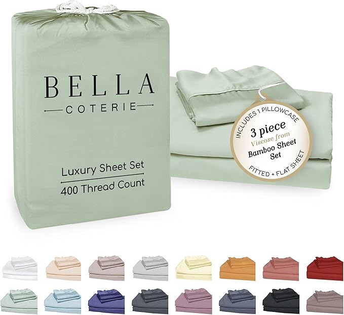 Bella Coterie Luxury Bamboo Viscose Twin Size Sheet Set | 100% Organically Grown | Ultra Soft | Cooling for Hot Sleepers | 18" Deep Pocket [Sea Glass]