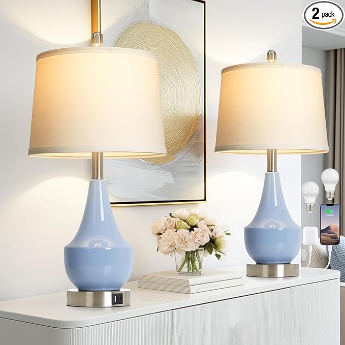 Modern Blue Table Lamp Set of 2, 24" Ceramic Table Lamp with USB A+C Ports,Classic Beside Lamps Nightstand Lamp Modern Lamp for Living Room, Bedroom & Office -LED Bulbs Included