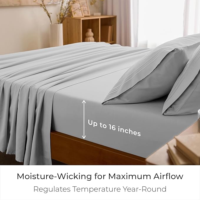 Mellanni Split King Sheet Set - 7-Piece Iconic Collection Bedding, (Including 4 Pillowcases), 16-Inch Deep Pocket, Easy Care, Extra Soft, Cooling Sheets, Brushed Microfiber - Light Gray