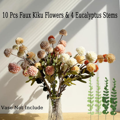Faux Mixed Color Kiku Flower, 10 Stems with 5 Heads Each & 4 Branches Eucalyptus Stems, Artificial Small Mini Chrysanthemum Flowers for Aesthetic Room Decor, Floral Arrangements Centerpiece