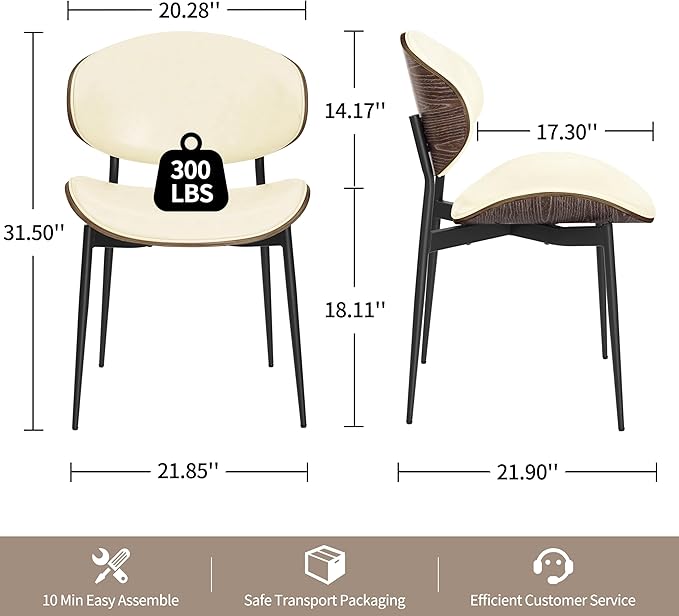 Art Leon Dining Chairs Set of 4, Black Oak Bentwood, Mid Century Modern Chair, Off White Faux Leather Kitchen Dining Room Chairs with Black Metal Legs, Accent Chairs for Bedroom