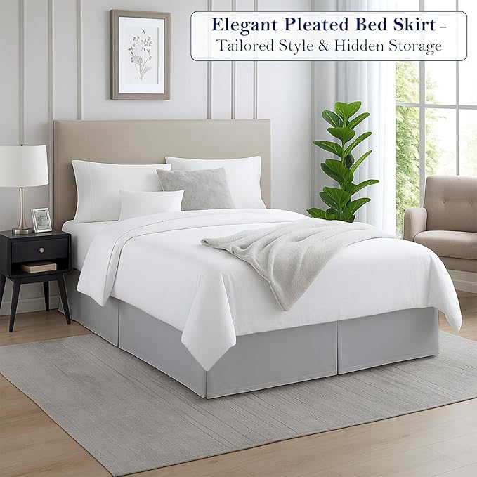 Full Bed Skirt, Luxury 15 Inch Drop Light Grey Pleated Bed Skirt, Double Brushed Microfiber, Box Pleat Design, Wrinkle & Fade Resistant, Easy Fit Tailored Bedskirt for Full Size Beds