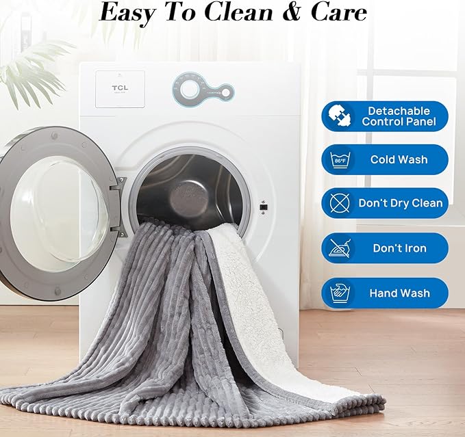 Westinghouse Queen Size Electric Blanket, Flannel to Sherpa Reversible, Heated Blanket Queen with Dual Control 10 Heating Settings & 1-12 Hours Auto Shut Off, Machine Washable, (84" x 90", Light Grey)