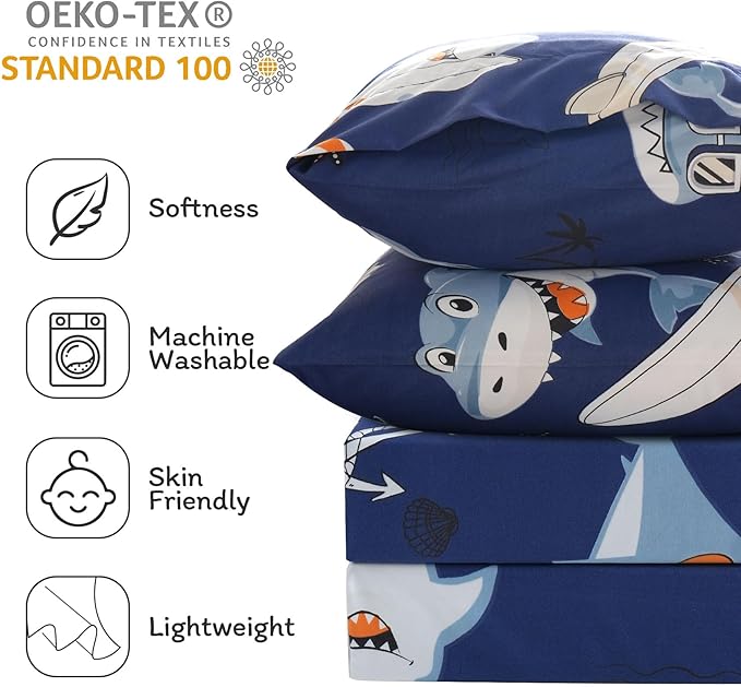 JSD Blue Shark Surfing Kids Sheet Set Full Size, 4 Piece Nautical Printed Microfiber Sheets Deep Pocket