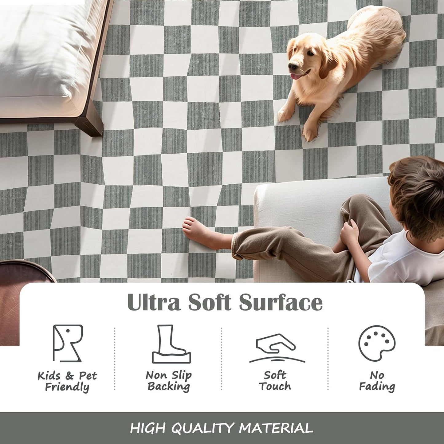 jinchan 5x7 Checkered Area Rugs for Kids Room - Machine Washable Soft Rug Modern Geometric Lattice Non-Slip Carpet for Nursery Playroom Classroom Living Room Bedroom Dining Room Home Office Grey