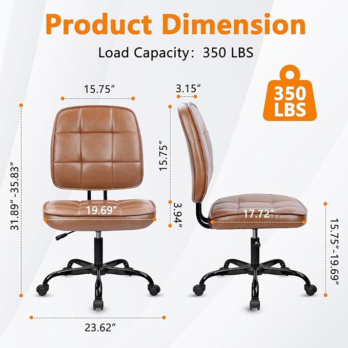 CLATINA Armless Home Office Chair with Lumbar Support and Wheels, Small PU Leather Ergonomic Low Back Desk Chairs No Arms, Adjustable Height 360° Swivel Rolling Computer Task Chair, Brown, 2 Pack