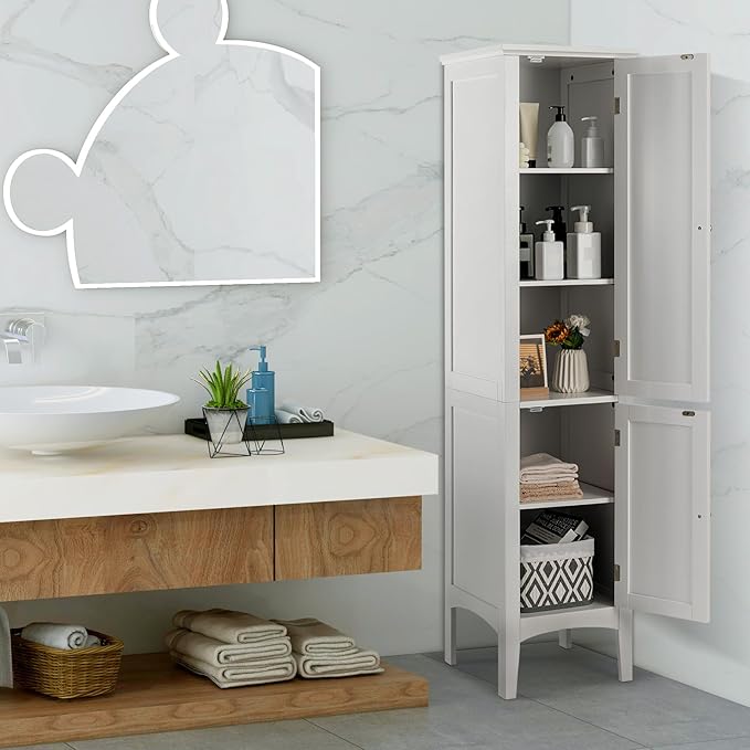 COSTWAY Tall Bathroom Storage Cabinet, 5-Tier Freestanding Linen Tower Cabinet with 2 Doors, Wooden Side Storage Organizer, Narrow Slim Floor Cabinet for Bathroom, Living Room, Kitchen (White)