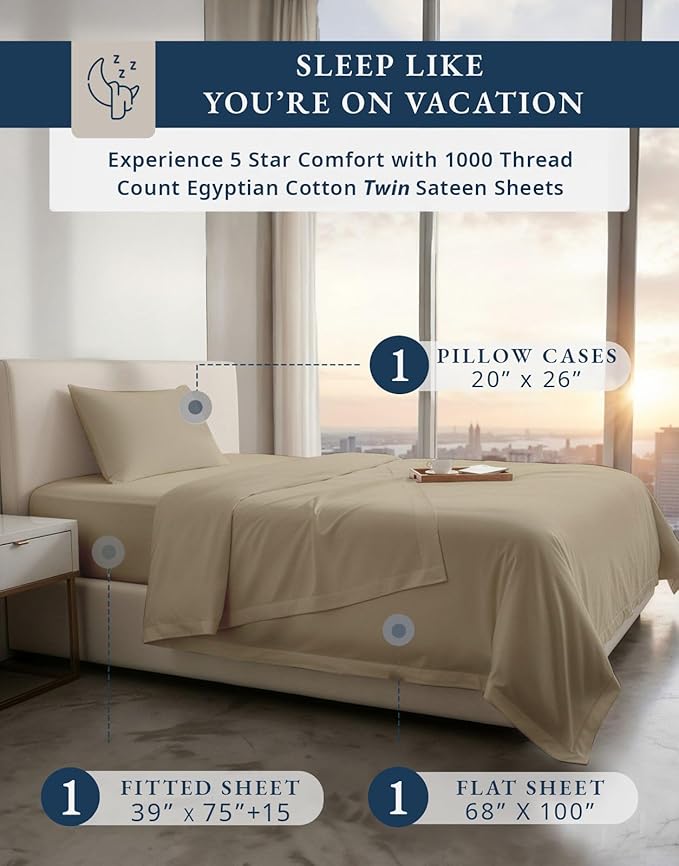 LANE LINEN 100% Egyptian Cotton Sheets Twin Size Bed Set - 1000 Thread Count, Machine Washable, Naturally Temperature Regulating, Sustainable, No Pill, Fade Resistant Twin Bedding Set – Taupe