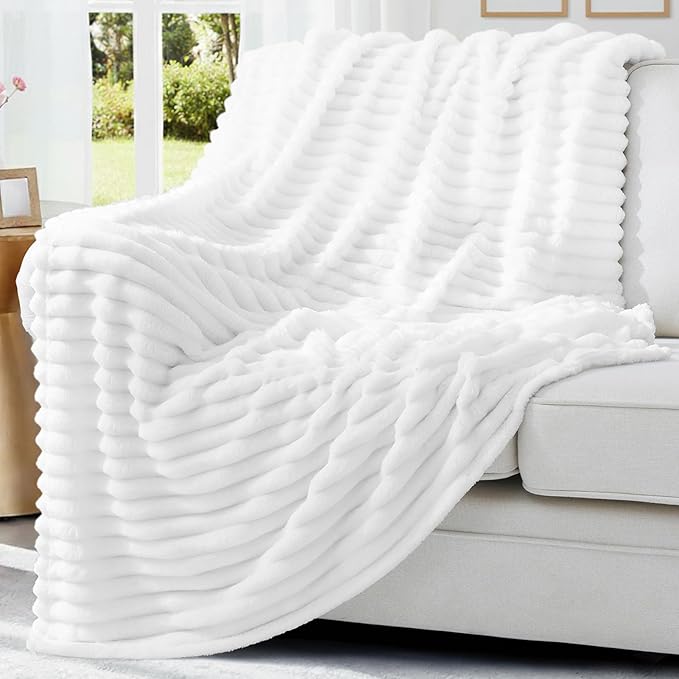 decorUhome Christmas Soft Fleece White Blanket Queen Size for Bed, Cozy Fluffy Plush Flannel Large Striped Throws for Couch Sofa, Lightweight Decorative Fuzzy Blanket for Woman, 90x90 Inches