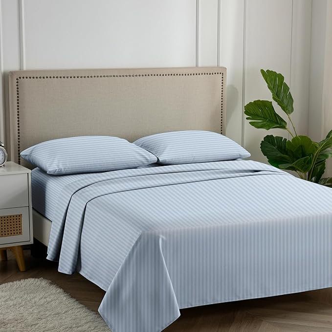 Carressa Linen Luxury Egyptian Cotton King Stripe Sheet Set, 600 Thread Count Extra Long Staple 4 PC Set, King Damask Sheet, Soft, Cooling Sateen Weave Striped Sheets Upto 18" Deep Pocket - Light Blue