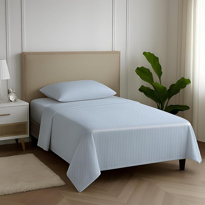 Carressa Linen Luxury Egyptian Cotton Twin Stripe Sheet Set - 600 Thread Count Extra Long Staple 3 PC Set, Light Blue Twin Damask Sheets, Soft, Cooling Sateen Weave Sheets Upto 18 in Deep Pocket