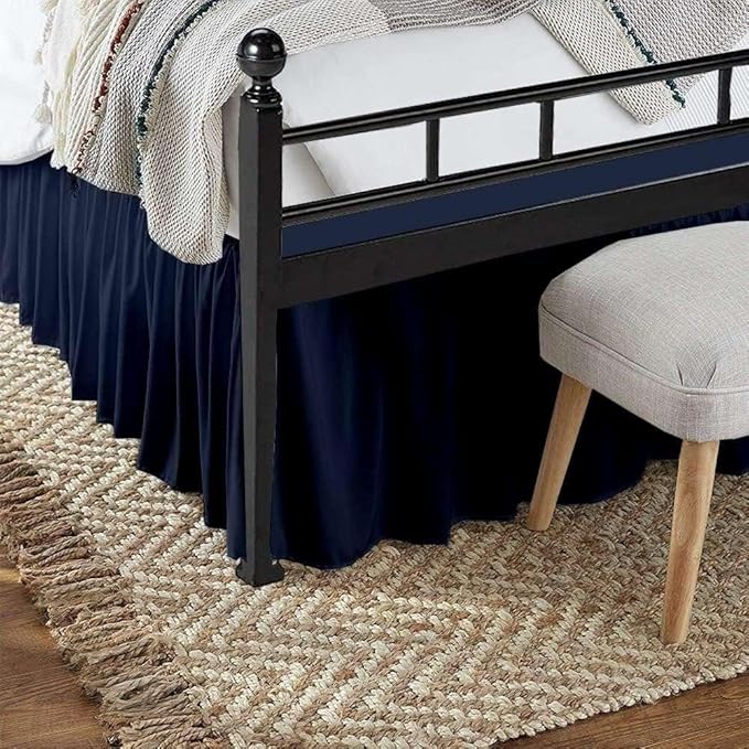 Navy Blue Solid Ruffled Bed Skirt Full-14 Inch Drop Split Corner, Microfiber Bedskirt with Platform Three Sided Coverage