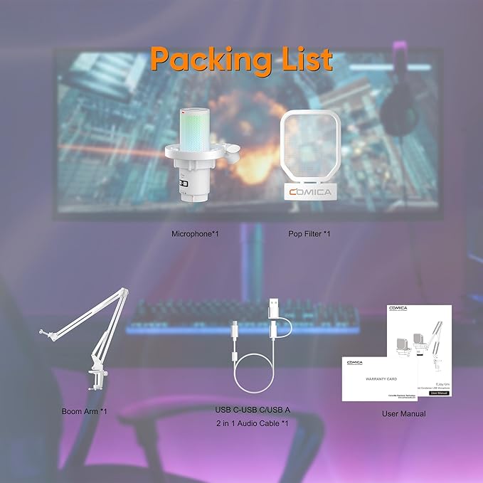 COMICA EJoy Uni USB Microphone for PC Gaming, Streaming, Podcast, YouTube, with Noise Cancellation, Mute, Gain, Monitoring - Condenser Mic for PS5, PS4, Mac, Computer (Boom Arm Mic) - White