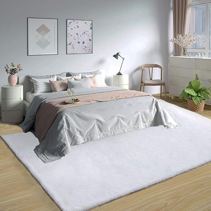 Latepis White Fluffy Rug 8x10 Faux Rabbit Fur Area Rugs for Living Room Washable Fuzzy Plush Shag Rug for Bedroom Large Shaggy Rugs for Nursery Home Decor