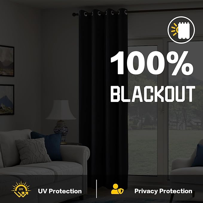 Black Heavy Soundproof Curtains for Window 3-in-1 Full Blackout Drapes Noise Canceling Heat Insulating Winter Curtains for Bedroom Living Room (1 Panel, Black, 50" x 84")
