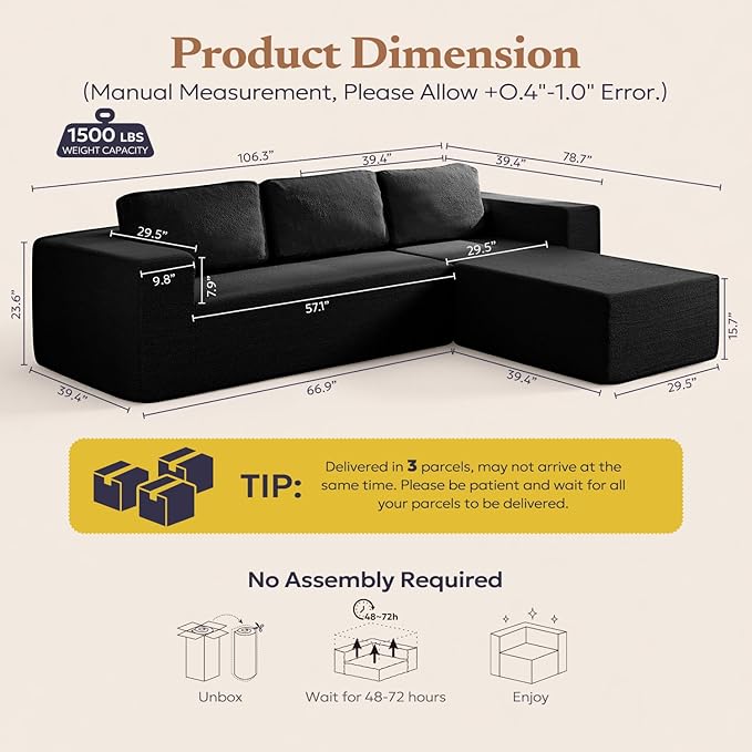 106" Modular Sectional Couch Left/Right Facing Convertible, L-Shape Modern Teddy Sofa, Deep Seat Upholstered Foam Couch for Living Room Bedroom, No Assembly Required (Black, Teddy Boucle)